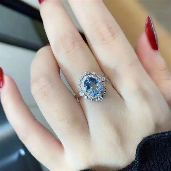 💕  925 Silver Plated Sea Blue Oval Shaped CZ Ring for Women, FB16FA1034 - Picture 4 of 6